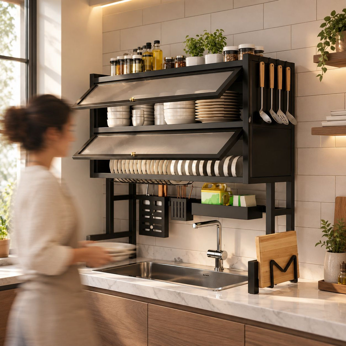Escurridor Organizador Con Doble Tapa Platero Negro